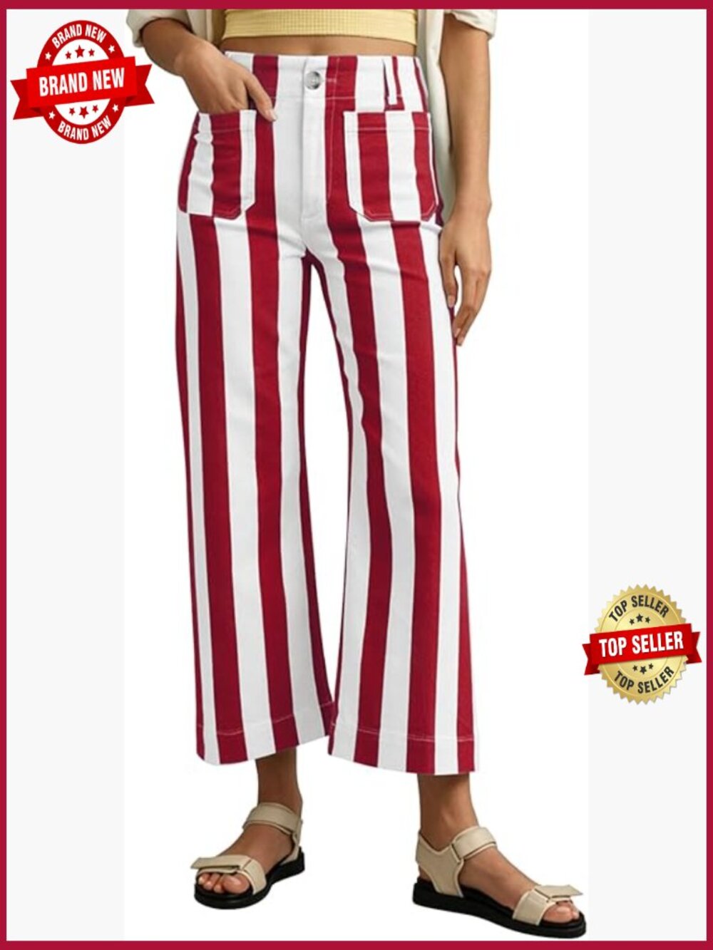 High Waist Cropped Striped Straight Leg Pants with Pockets